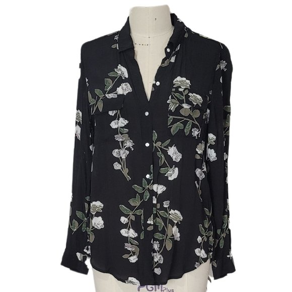 BLACK FLORAL CALVIN KLEIN BUTTON BLOUSE SIZE L - Picture 1 of 2
